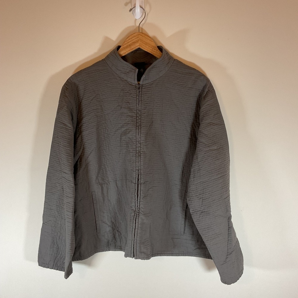Eileen Fisher Gray Textured 100% Cotton Zip Front Mock Neck Jacket Large